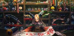 Rule 34 | 1girl, animal, asymmetrical horns, bag, bell, blonde hair, book, bookshelf, bottle, bow (weapon), box, braid, cage, capelet, closed mouth, coral, crystal, cube, dagger, drawer, eyeball, eyebrows, fang, fantasy, feathers, flask, food, fringe trim, frog, fruit, gem, glass, hair bobbles, hair ornament, highres, horn ornament, horns, jar, knife, ladder, lantern, leaf, liquid, long hair, long sleeves, looking at viewer, magnifying glass, mushroom, orb, original, outstretched arms, paper lantern, paper stack, parted bangs, plant, rope, samidare (okayou), scroll, scythe, shelf, shop, short eyebrows, side braid, sitting, slit pupils, solo, spool, string, sword, table, tassel, text focus, toy, uneven horns, wavy hair, weapon, wide sleeves, yellow eyes