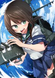 Rule 34 | 1girl, absurdres, adapted turret, black hair, blue sailor collar, blue skirt, breasts, cannon, commentary request, cowboy shot, fubuki (kancolle), highres, kantai collection, katsuobushi (eba games), looking at viewer, low ponytail, machinery, medium breasts, open mouth, pleated skirt, ponytail, sailor collar, school uniform, serafuku, short ponytail, sidelocks, skirt, solo, teeth, torpedo launcher, turret, upper teeth only, water, waves