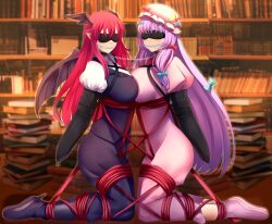 2girls armbinder bdsm black_blindfold blindfold blue_bow blue_bowtie bondage book boots bound bound_together bow bowtie cleave_gag cloth_gag gag gagged hat highres improvised_gag koakuma library long_hair marumarunhuhu multiple_girls patchouli_knowledge purple_eyes purple_hair red_bow red_bowtie red_eyes red_hair red_rope restrained rope shibari touhou wings