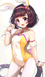 Rule 34 | absurdres, alternate costume, animal ears, back bow, bare shoulders, blush, bow, brown hair, commentary request, cowboy shot, detached collar, detached sleeves, fake animal ears, flower, gloves, hair flower, hair ornament, hairband, highres, horse girl, horse tail, leotard, looking at viewer, meyamu, nishino flower (umamusume), pantyhose, playboy bunny, puffy short sleeves, puffy sleeves, purple eyes, rabbit ears, short hair, short sleeves, tail, two-tone legwear, umamusume, white gloves, white leotard, white pantyhose, yellow leotard