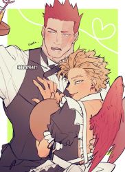Rule 34 | 2boys, :p, alternate costume, apron, beard, blonde hair, blue eyes, blush, boku no hero academia, endeavor (boku no hero academia), facial hair, formal, hand on another&#039;s chest, hanta96, hawks (boku no hero academia), holding, holding tray, maid, maid apron, male focus, mature male, multiple boys, pectorals, red hair, red wings, scar, scar across eye, scar on face, short hair, sideburns, spiked hair, stubble, tongue, tongue out, tray, upper body, waiter, wings, yaoi