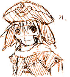 Rule 34 | .hack//, .hack//games, 1boy, bandai, cyber connect 2, facial mark, hack, hat, kite, kite (.hack//), looking at viewer, lowres, male focus, monochrome, orange theme, shirt, smile, solo, tattoo, upper body, yuura shiu