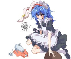 Rule 34 | 1girl, apron, black dress, black footwear, blue hair, blush, closed mouth, commentary request, cup, dress, earclip, full body, maid, medium hair, mifutatsu, red eyes, seiran (touhou), short sleeves, simple background, socks, solo, spoken squiggle, squatting, squiggle, teacup, teapot, touhou, white apron, white background, white socks