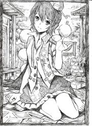 Rule 34 | 1girl, absurdres, bad id, bad pixiv id, barefoot, expressionless, female focus, greyscale, hat, highres, looking at viewer, monochrome, nobita (makoto7060355), shameimaru aya, short hair, sketch, solo, touhou, traditional media