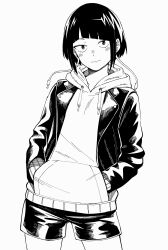 Rule 34 | 1girl, absurdres, audio jack, blush, boku no hero academia, closed mouth, diagonal bangs, drawstring, greyscale, hands in pockets, highres, hood, hoodie, jacket, jacket over hoodie, jirou kyouka, kobaji, lapels, light smile, long earlobes, looking at viewer, monochrome, open clothes, open jacket, short hair, shorts, sidelocks, simple background, solo, standing