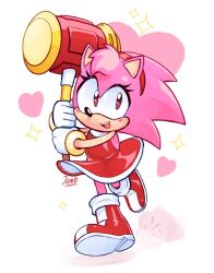 Rule 34 | 1girl, amy rose, artist name, boots, dress, furry, furry female, gloves, hammer, heart, highres, holding, holding hammer, holding weapon, jamoart, looking at viewer, open mouth, red dress, simple background, solo, sonic (series), teeth, watermark, weapon, white gloves