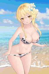 Rule 34 | 1girl, :o, absurdres, animal print, beach, bikini pull, blonde hair, blue sky, blush, breasts, cleavage, clothes pull, cloud, cow print, flower, genshin impact, hair flower, hair ornament, highres, large breasts, leaning forward, lumine (genshin impact), medium breasts, navel, ocean, open mouth, reihaz, sand, sky, solo, swimsuit, wet, yellow eyes