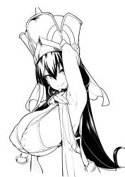 Rule 34 | 1girl, arm behind head, armpits, bikini, breasts, closed mouth, covered erect nipples, detached sleeves, fate/grand order, fate (series), fingernails, greyscale, hair between eyes, hat, highres, huge breasts, long hair, looking at viewer, monochrome, presenting armpit, simple background, smile, solo, spread armpit, swimsuit, try (lsc), upper body, white background, xuangzang sanzang (fate)