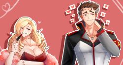 Rule 34 | 1boy, 1girl, armband, big al, black jacket, blonde hair, breasts, brown hair, cleavage, collarbone, commentary, dress, drill hair, earrings, english commentary, heart, highres, holding, hoop earrings, jacket, jewelry, large breasts, lexshiroji, lipstick, looking at another, looking to the side, makeup, multicolored hair, necklace, off-shoulder dress, off shoulder, outline, red armband, red background, red dress, red trim, short hair, skull necklace, smile, sparkle, stitched arm, stitched neck, stitches, sweet ann, vocaloid, white hair, white outline, yellow eyes