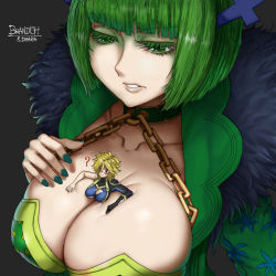 Rule 34 | 2girls, ?, between breasts, blonde hair, blush, bodysuit, brandish mew, breast hold, breasts, cleavage, dimaria yesta, fairy tail, giant, giantess, green eyes, green hair, highres, huge breasts, multiple girls, person between breasts, the golden smurf