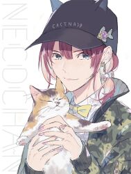 Rule 34 | animal, animal ears, animal hat, baseball cap, black hat, blue eyes, bow, bowtie, brown hair, camouflage, camouflage jacket, cat, collared shirt, dress shirt, ebira, fake animal ears, hair between eyes, hat, holding, holding animal, jacket, jewelry, long sleeves, nail polish, open clothes, open jacket, original, puffy long sleeves, puffy sleeves, purple nails, ring, shirt, simple background, sleeves past wrists, solo, upper body, white background, white shirt, yellow bow, yellow bowtie