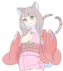 Rule 34 | 1girl, :3, animal ears, bell, blunt bangs, braid, breasts, brown eyes, brown hair, cat ears, cat tail, closed mouth, cowboy shot, enkyo yuuichirou, japanese clothes, jingle bell, kimono, long hair, long sleeves, looking at viewer, medium breasts, multiple tails, nekomata (youkai hyakki-tan!), obi, paw print, pink kimono, sash, simple background, sleeves past fingers, sleeves past wrists, smile, solo, standing, tail, twin braids, two tails, white background, wide sleeves, youkai hyakki-tan!