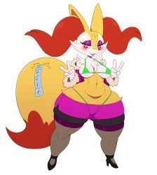 Rule 34 | 1girl, absurdres, belly, blush, body fur, braixen, breasts, breasts apart, condom, covered erect nipples, creatures (company), double v, eric lowery, furry, furry female, game freak, gen 6 pokemon, half-closed eyes, heart, heart-shaped pupils, high heels, highres, jakcet, lips, makeup, medium breasts, navel, nintendo, panties, petite, pokemon, pokemon (creature), red eyes, shoes, simple background, skirt, solo, stomach, symbol-shaped pupils, tail, thick thighs, thighs, thong, underwear, v, white background, wide hips