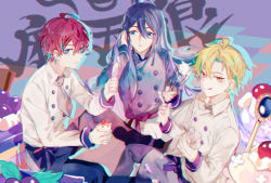 Rule 34 | 3boys, :q, adjusting hair, ahoge, apron, aqua eyes, aqua hair, black apron, black pants, blonde hair, blue eyes, buttons, cake, cake slice, candy, checkered background, commentary, cream, cream on face, cupcake, earrings, feet out of frame, food, food on face, green hair, grey neckwear, hand up, hitokoto, holding, holding food, holding knife, holding whisk, hypnosis mic, izanami hifumi, jewelry, jinguji jakurai, kannonzaka doppo, knife, long hair, looking at another, male focus, matenro (hypnosis mic), multicolored hair, multiple boys, necktie, pants, parted bangs, parted lips, pastry bag, purple apron, purple background, purple hair, purple shirt, purple theme, red hair, shirt, short hair, sitting, streaked hair, surprised, tongue, tongue out, very long hair, waist apron, whisk, white pants, white shirt, yellow eyes