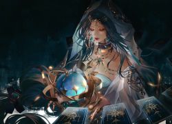Rule 34 | 1girl, absurdres, aqua gemstone, ball, breasts, card, character request, circlet, closed eyes, earrings, highres, impasto, jewelry, jiaopiupiu, large breasts, long hair, parted bangs, path to nowhere, red lips, stargazer (path to nowhere), veil