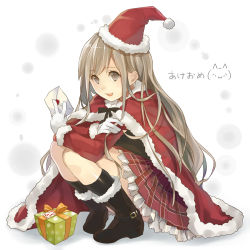 Rule 34 | 1girl, :d, box, brown eyes, brown hair, cape, gift, gift box, hat, holding, letter, long hair, looking at viewer, open mouth, original, plaid, plaid skirt, santa costume, santa hat, skirt, smile, solo, squatting, translation request, yunomachi