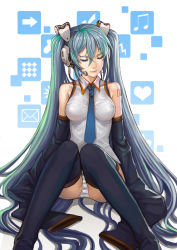 Rule 34 | 1girl, aqua hair, bad id, bad pixiv id, closed eyes, detached sleeves, hatsune miku, headset, heart, lieqi hun, long hair, necktie, panties, pantyshot, sitting, solo, striped clothes, striped panties, thighhighs, twintails, underwear, very long hair, vocaloid