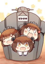 Rule 34 | 0 0, 3girls, binoculars, blush, brown eyes, brown hair, chibi, closed eyes, commentary request, dress, flower, hair flower, hair ornament, headgear, hinata yuu, kantai collection, long sleeves, looking at viewer, multiple girls, open mouth, sailor dress, short hair, simple background, smile, star (symbol), starry background, tan yang (kancolle), translation request, triplets, yukikaze (kancolle)