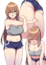 Rule 34 | 1girl, ass, blush, breasts, brown hair, dolphin shorts, girls&#039; frontline, green eyes, groin, hair between eyes, highres, large breasts, leaning forward, long hair, looking at viewer, multiple views, navel, open mouth, ponytail, short shorts, shorts, sidelocks, simple background, skindentation, smile, spicy moo, springfield (girls&#039; frontline), stomach, stretching, sweat, tank top, white background