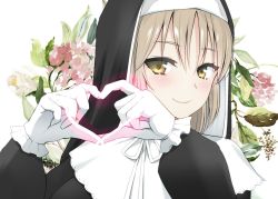 Rule 34 | 1girl, black dress, blonde hair, blush, closed mouth, diisuke, dress, flower, gloves, habit, hands up, heart, heart hands, long sleeves, looking at viewer, neck ribbon, nijisanji, nun, ribbon, sister claire, sister claire (1st costume), smile, solo, traditional nun, upper body, veil, virtual youtuber, white gloves, white ribbon, yellow eyes