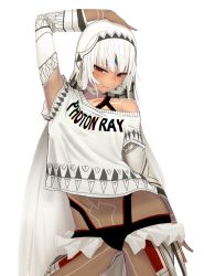 Rule 34 | 10s, 1girl, altera (fate), alternate costume, arm at side, arm up, bare shoulders, blunt bangs, blush, breasts, casual, closed mouth, clothes writing, commentary, contemporary, contrapposto, cowboy shot, dark-skinned female, dark skin, fate/extra, fate/grand order, fate (series), i-pan, legs apart, looking at viewer, navel, red eyes, short hair, short sleeves, simple background, small breasts, solo, standing, tattoo, veil, white background, white hair