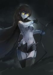Rule 34 | 10s, 1girl, abyssal ship, bodysuit, cape, dark persona, garter straps, gloves, glowing, glowing eyes, gradient background, highres, kaga (kancolle), kantai collection, long hair, pale skin, riftgarret, shorts, silver hair, solo, thighhighs, yellow eyes