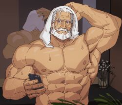 Rule 34 | 1boy, abs, bara, beard, blue eyes, cellphone, facial hair, highres, holding, holding phone, jp (street fighter), large pectorals, long hair, male focus, mature male, muscular, muscular male, mustache, pectorals, phone, plant, potted plant, reflection, sa1k0p, smartphone, solo, street fighter, street fighter 6, sweat, thick eyebrows, thick mustache, topless male, towel, towel on head, veins, white hair