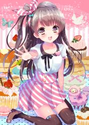 Rule 34 | 10s, 1girl, :d, alpaca, bad id, bad pixiv id, beamed quavers, bird, black thighhighs, bow, brown hair, bug, butterfly, crotchet rest, cupcake, diagonal stripes, dove, food, fruit, hair bow, hair ribbon, heart, highres, insect, love live!, love live! school idol festival, love live! school idol project, lyric (hina9111), macaron, minami kotori, musical note, open mouth, outstretched hand, purple eyes, ribbon, sheep, sheet music, shoes, side ponytail, sitting, skirt, smile, solo, staff (music), strawberry, striped clothes, striped skirt, striped thighhighs, thighhighs, vertical-striped clothes, vertical-striped thighhighs, wariza