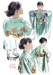 Rule 34 | 1girl, black eyes, black hair, blue kimono, blush, closed mouth, commentary, closed eyes, facing away, floral print, from behind, from side, hair bun, highres, japanese clothes, kimono, looking at viewer, multiple views, obi, original, parted lips, profile, sandals, sash, signature, single hair bun, sketch, smile, socks, umishima senbon, white background, wide sleeves
