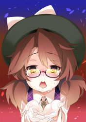 Rule 34 | 1girl, blush, bow, brown eyes, brown hair, cum, eyebrows, facial, glasses, gradient background, hat, hat bow, open mouth, outstretched hand, red-framed eyewear, solo, tororo (toriaezu), touhou, usami sumireko, wet