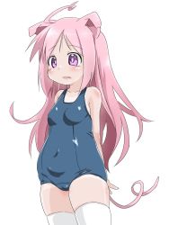 Rule 34 | 1girl, ahoge, animal ears, arms behind back, bad id, bad pixiv id, fang, highres, long hair, one-piece swimsuit, open mouth, original, pig ears, pink eyes, pink hair, saezuru usagi, school swimsuit, solo, swimsuit, tail, thighhighs, white background, white thighhighs
