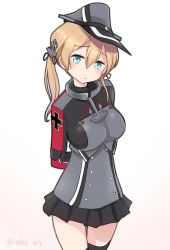 Rule 34 | 1girl, ahenn, aqua eyes, black skirt, black thighhighs, blonde hair, blush, closed mouth, cowboy shot, gloves, gradient background, hair between eyes, hat, kantai collection, long hair, long sleeves, low twintails, military, military hat, military uniform, peaked cap, pleated skirt, pout, prinz eugen (kancolle), skirt, solo, thighhighs, twintails, twitter username, uniform, white gloves