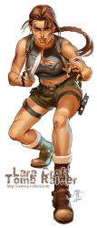 Rule 34 | 1girl, bandages, belt, blood, boots, braid, breasts, brown eyes, brown hair, female focus, full body, injury, jo chen, knife, lara croft, long hair, midriff, shorts, single braid, solo, tank top, tomb raider, torn clothes, white background