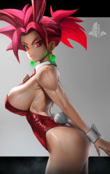 Rule 34 | 1girl, absurdres, animal ears, artist name, ass, commentary, detached collar, dragon ball, dragon ball super, earrings, elite nappa, fake animal ears, fake tail, from side, hairband, highres, jewelry, kefla (dragon ball), leotard, muscular, muscular female, necktie, playboy bunny, potara earrings, rabbit ears, rabbit tail, red eyes, red hair, red hairband, red leotard, red necktie, solo, strapless, strapless leotard, super saiyan, super saiyan god, tail, thong leotard, v-shaped eyebrows, watermark, wrist cuffs