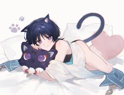 Rule 34 | 1boy, absurdres, androgynous, bare legs, bare shoulders, barefoot, black leotard, blue hair, blush, cat, cat boy, cat tail, chinese commentary, commentary request, genshin impact, grey background, heart, heart-shaped pillow, highres, legs, leotard, leotard under clothes, looking at viewer, lying, male focus, medium hair, mixed-language commentary, nekomi 0, off shoulder, on bed, on stomach, open mouth, pillow, purple eyes, scaramouche (genshin impact), solo, stuffed animal, stuffed cat, stuffed toy, tail