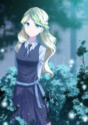 Rule 34 | 1girl, arms behind back, black ribbon, black skirt, blonde hair, blue eyes, diana cavendish, green hair, grey shirt, highres, little witch academia, long hair, looking at viewer, multicolored hair, natsu yorumei, neck ribbon, ribbon, shirt, skirt, smile, solo, standing, two-tone hair