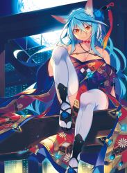 Rule 34 | 1girl, animal ears, bare shoulders, blue hair, breasts, choker, cleavage, closed eyes, female focus, fox ears, hair ornament, japanese clothes, katou itsuwa, kimono, large breasts, long hair, looking at viewer, original, red eyes, short kimono, smile, solo, thighhighs, very long hair, white thighhighs