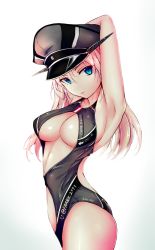 Rule 34 | 10s, 1girl, alternate costume, armpits, arms up, arrow (projectile), back cutout, bad id, bad pixiv id, bismarck (kancolle), black hat, black one-piece swimsuit, blonde hair, blue eyes, breasts, cleavage, clothes writing, clothing cutout, competition swimsuit, cowboy shot, eyelashes, franz (217franz), from side, gradient background, hair between eyes, hat, highres, kantai collection, long hair, looking at viewer, one-piece swimsuit, parted lips, peaked cap, pink lips, shiny skin, sideboob, solo, spikes, swimsuit, twitter username