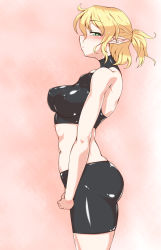 Rule 34 | 1girl, bike shorts, blonde hair, blush, breasts, covered erect nipples, green eyes, highres, looking at viewer, mizuhashi parsee, pandain, pointy ears, profile, short hair, solo, touhou