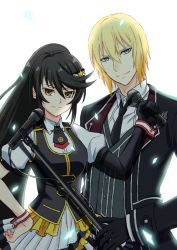 Rule 34 | 1boy, 1girl, alternate costume, alternate hairstyle, black gloves, black hair, black neckwear, blonde hair, blue eyes, bow, brown eyes, closed mouth, eizen (tales), elbow gloves, gloves, hair bow, hand on own hip, holding, holding microphone, idol, long hair, looking at viewer, microphone, necktie, official alternate costume, ponytail, saklo, simple background, single elbow glove, skirt, smile, swept bangs, tales of (series), tales of berseria, upper body, velvet crowe, vest, white background, white skirt