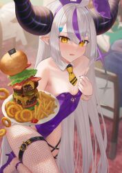 Rule 34 | 1girl, absurdres, ahoge, animal ears, bare shoulders, blush, breasts, burger, demon horns, detached collar, fake animal ears, fishnet pantyhose, fishnets, food, french fries, grey hair, hair ornament, hairclip, high heels, highres, hololive, horns, la+ darknesss, leotard, long hair, looking at viewer, multicolored hair, nail polish, necktie, onion rings, pantyhose, plate, playboy bunny, pointy ears, purple footwear, purple hair, purple nails, rabbit ears, rushian, short necktie, small breasts, solo, streaked hair, tail, thigh strap, too much burger, two-tone hair, very long hair, virtual youtuber, wrist cuffs, yellow eyes