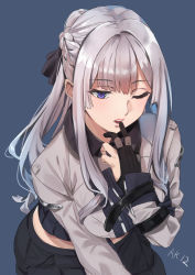 Rule 34 | 1girl, ak-12 (girls&#039; frontline), bad id, bad pixiv id, black ribbon, blue background, braid, breasts, character name, collared shirt, finger to mouth, french braid, from above, girls&#039; frontline, gloves, grey shirt, highres, large breasts, long hair, long sleeves, one eye closed, open mouth, partially fingerless gloves, ribbon, sakaki rin, shirt, sidelocks, silver hair, solo