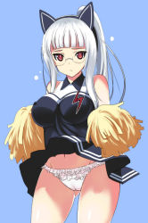 Rule 34 | 1girl, alternate costume, animal ears, blush, breasts, cameltoe, cheerleader, covered erect nipples, frilled panties, frills, groin, head wings, heidimarie w. schnaufer, kyogoku shin, large breasts, long hair, looking at viewer, navel, panties, pantyshot, pom pom (cheerleading), red eyes, solo, standing, strike witches, underwear, white hair, white panties, wings, world witches series