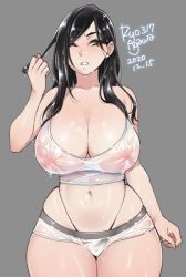 Rule 34 | 1girl, 2020, agawa ryou, artist name, black eyes, black hair, breasts, cleavage, commentary, curvy, dated, grey background, huge breasts, large breasts, long hair, looking at viewer, midriff, navel, nipples, one eye closed, original, see-through, signature, simple background, solo, thick thighs, thighs, wet, wet clothes, wide hips