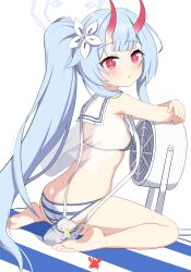 Rule 34 | 1girl, ass, bare legs, barefoot, bikini, blue archive, blue hair, blue halo, blush, breasts, butt crack, chise (blue archive), chise (swimsuit) (blue archive), electric fan, halo, highres, horns, io9, long hair, official alternate costume, parted lips, ponytail, red eyes, red horns, simple background, small breasts, soles, solo, striped bikini, striped clothes, swimsuit, toes, white background