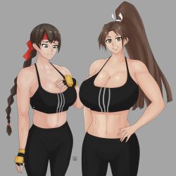 2girls braid braided_ponytail breast_envy breasts brown_eyes brown_hair cleavage female_focus giant hair_ornament headband huge_breasts large_breasts leggings lofifab long_hair matching_hair/eyes medium_support_(meme) multiple_girls navel pale_skin pants ponytail shiranui_mai shirt spandex sportswear the_king_of_fighters thick_thighs thighs tight_clothes tight_pants tight_shirt wide_hips yoga_pants yuri_sakazaki