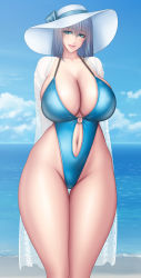 Rule 34 | 1girl, absurdres, baru (val-val), bikini, blue eyes, breasts, cleavage, curvy, grey hair, hat, highres, huge breasts, long hair, looking at viewer, smile, solo, standing, swimsuit, thick thighs, thighs, wide hips