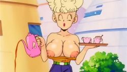 Rule 34 | 1girl, blonde hair, breasts, dragon ball, closed eyes, large breasts, mature female, monkeyman, nipples, nude filter, panchy, solo, third-party edit