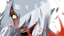 Rule 34 | 1girl, absurdres, blood, blood in hair, blood on face, blood splatter, blurry, blurry background, dark skin, guardian tales, hair over one eye, highres, jsz., looking at another, portrait, princess aisha, serious, upset, white hair, yellow eyes