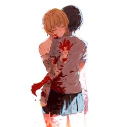 Rule 34 | 2girls, absurdres, black hair, black skirt, blonde hair, blood, blood on clothes, blood on face, blood on hands, blood splatter, closed eyes, hayami kanade, highres, hug, idolmaster, idolmaster cinderella girls, miyamoto frederica, multiple girls, pleated skirt, school uniform, short hair, simple background, skirt, white background, yumi xsh, yuri